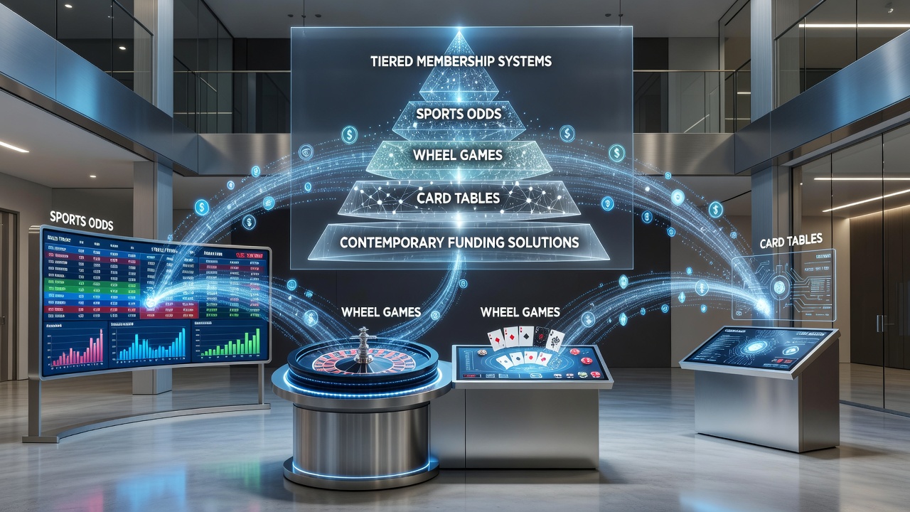 Diagram showing tiered membership architecture connecting sports odds, wheel games, and card tables with modern funding solutions