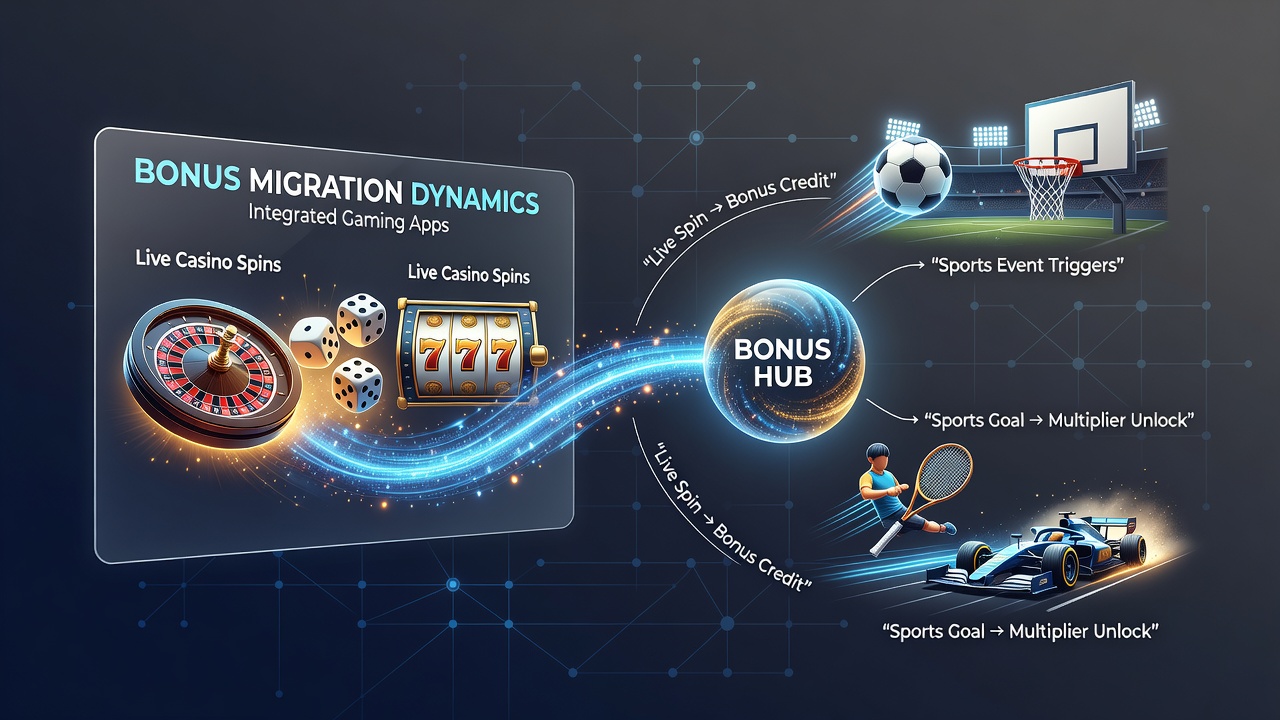 Screenshot showing real-time bonus transfer from a live dealer table to an active sports event market in a unified app dashboard