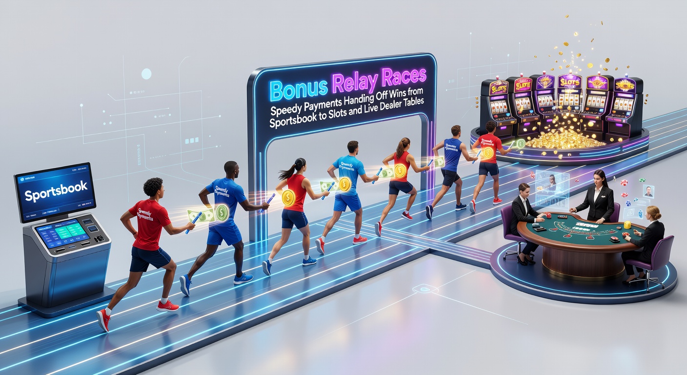 Runners in a relay race passing a baton styled as casino chips amid sportsbook odds, slot reels, and live dealer cards, symbolizing seamless win transfers