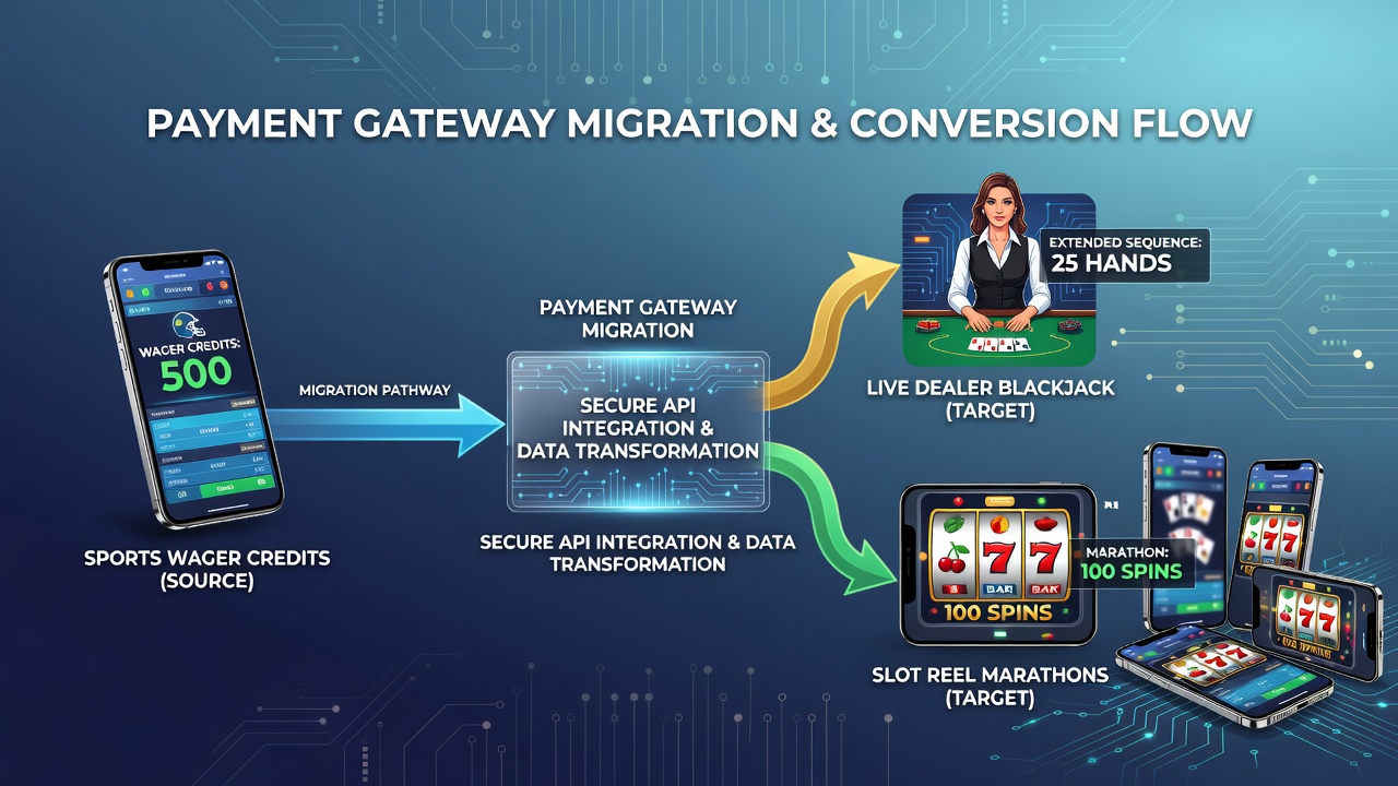 Payment gateway migration flow showing sports wager credits moving to live dealer blackjack and slot sessions on mobile devices