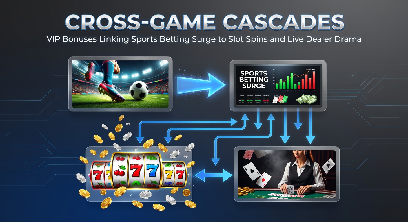 Dynamic visualization of VIP bonuses cascading from sports betting wins into slot reels and live dealer tables, showing interconnected game flows