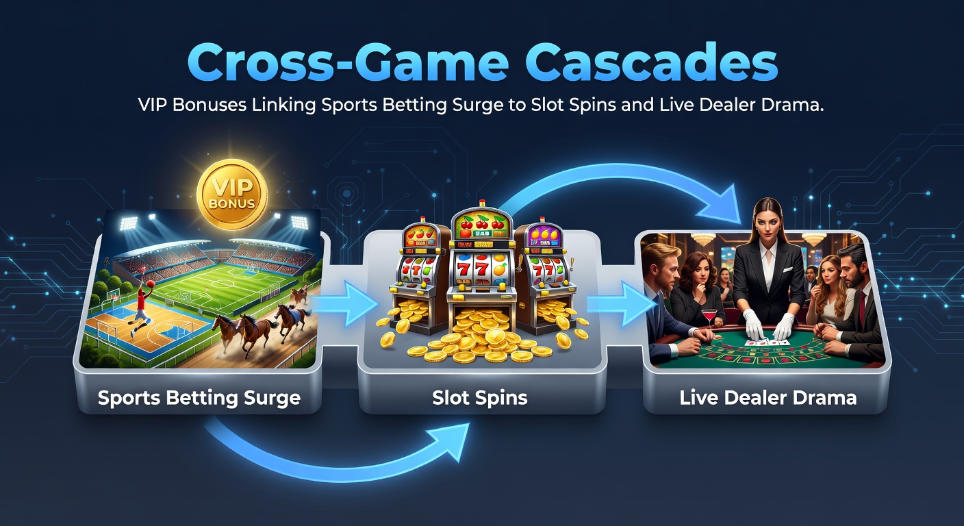 Chart illustrating bonus cascades from sports bets to slot wins and live dealer highs, with glowing arrows showing player progression