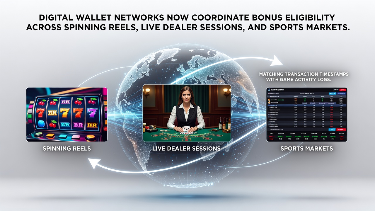 Digital wallet interface displaying synchronized transaction logs across slot machines, live dealer tables, and sports betting dashboards