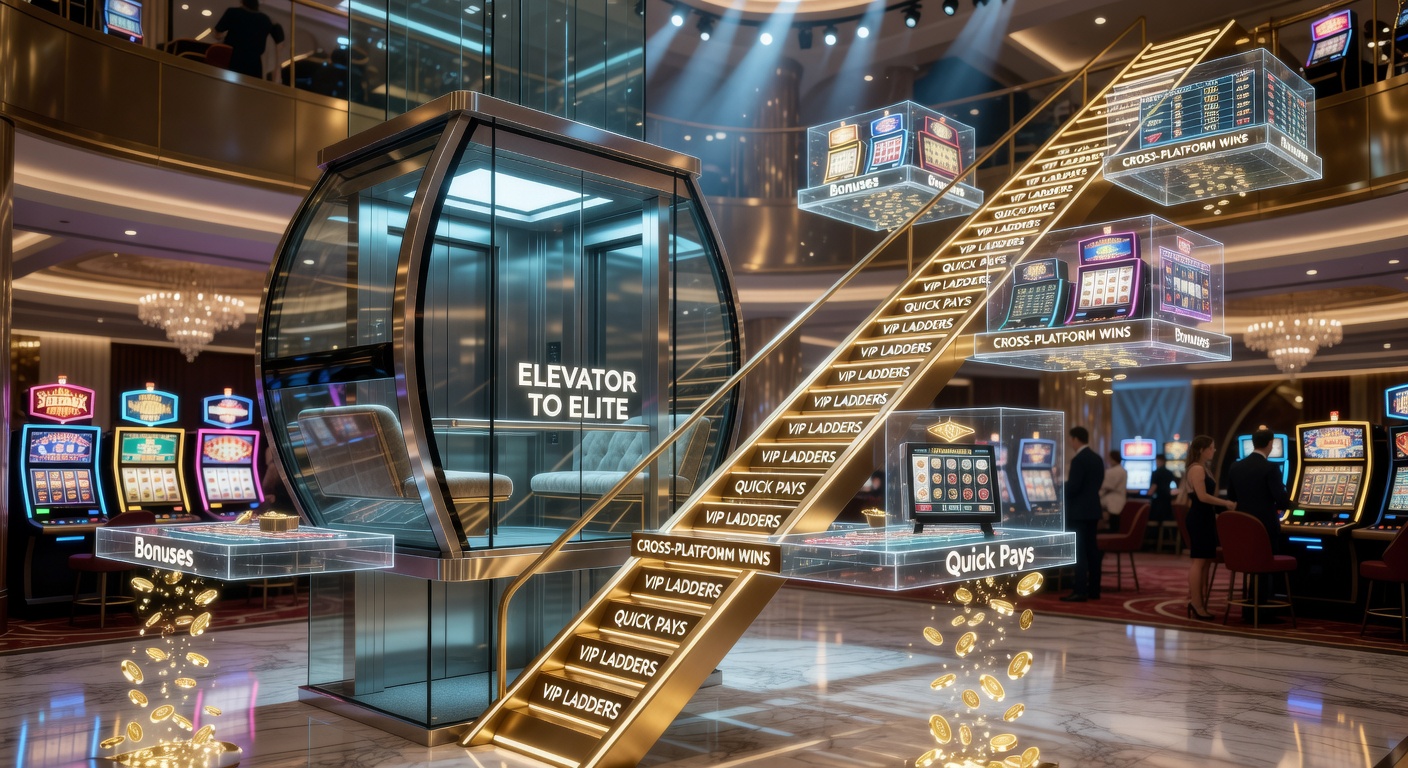 VIP ladder graphic showing tiers from bronze to diamond with bonuses and cross-platform icons for casinos and sports betting