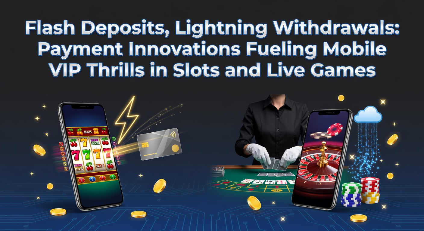 Dynamic graphic showing lightning-fast payment flows between mobile devices and casino platforms, highlighting instant deposits and withdrawals for VIP slots and live dealer sessions