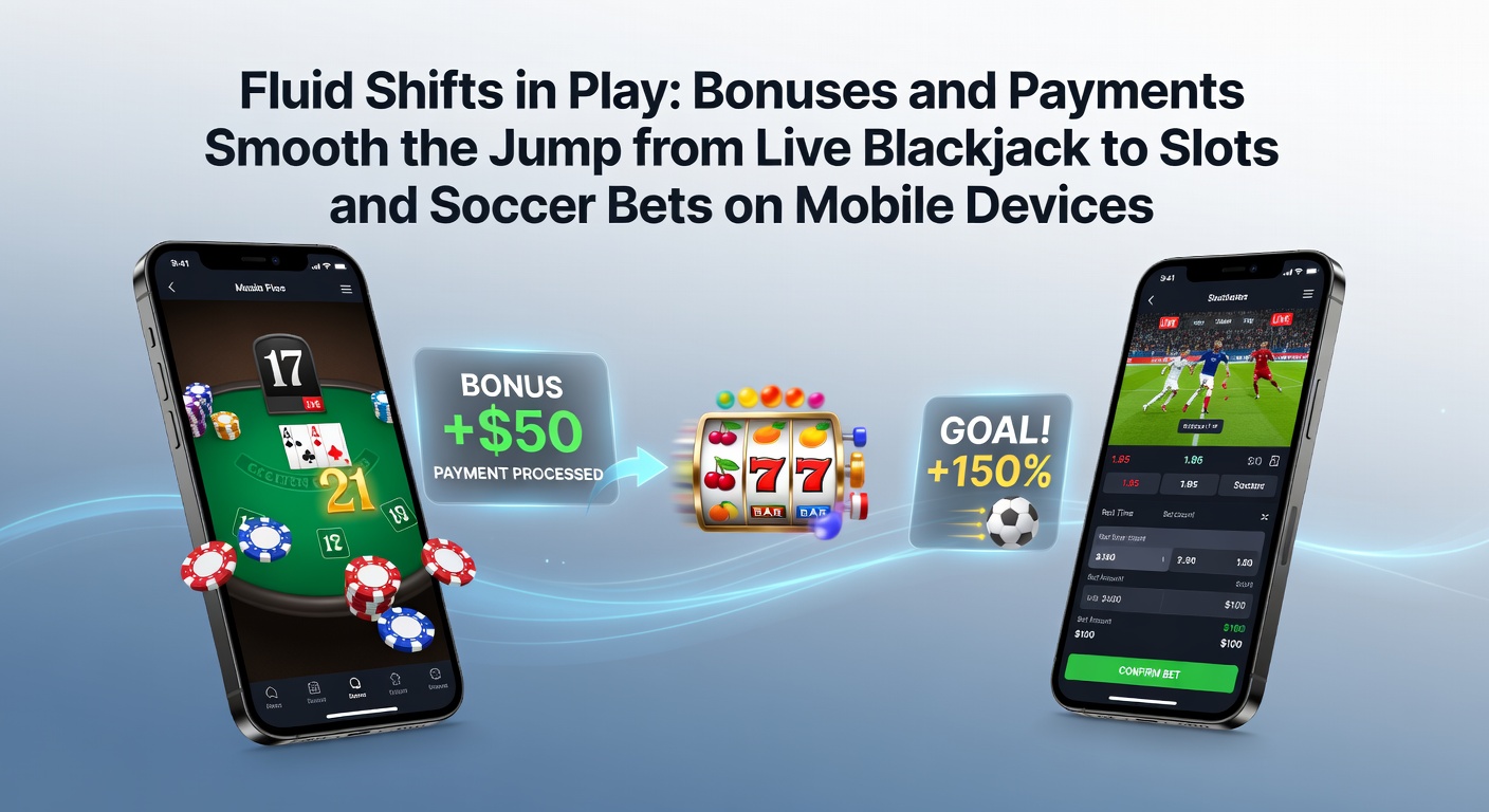 Mobile screen showing a player seamlessly switching from a live blackjack table to soccer betting odds and slot reels, highlighting fluid gameplay transitions