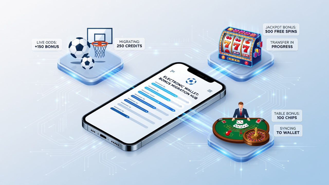 Mobile device showing electronic wallet interface transferring bonuses between sports betting, slots, and live casino sections