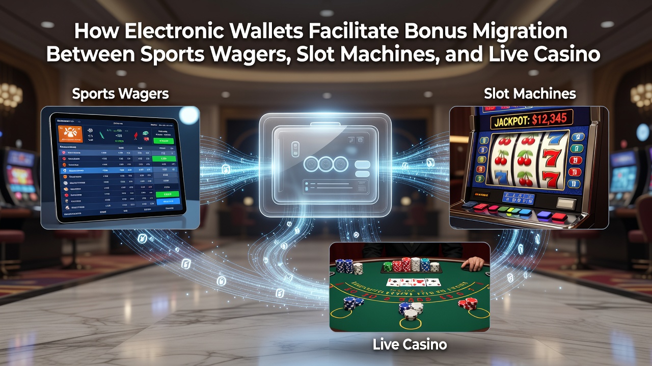 Close-up of smartphone screen displaying bonus balance moving from live casino table to slot game via electronic wallet