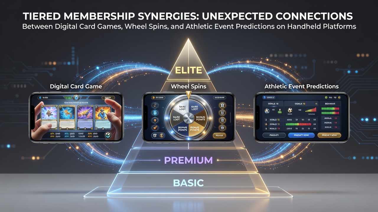 Mobile screen displaying interconnected digital card games, spinning wheel interfaces, and athletic prediction dashboards within a tiered membership app