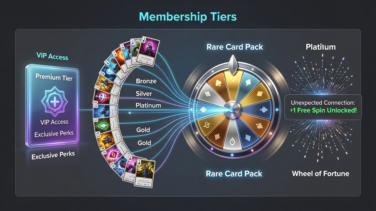 User interface showing tier progression bar connecting card game achievements to wheel spin rewards and sports prediction accuracy stats on a smartphone