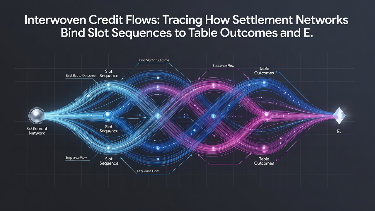 Illustration of settlement network nodes connecting slot reels, card tables, and sports event odds boards