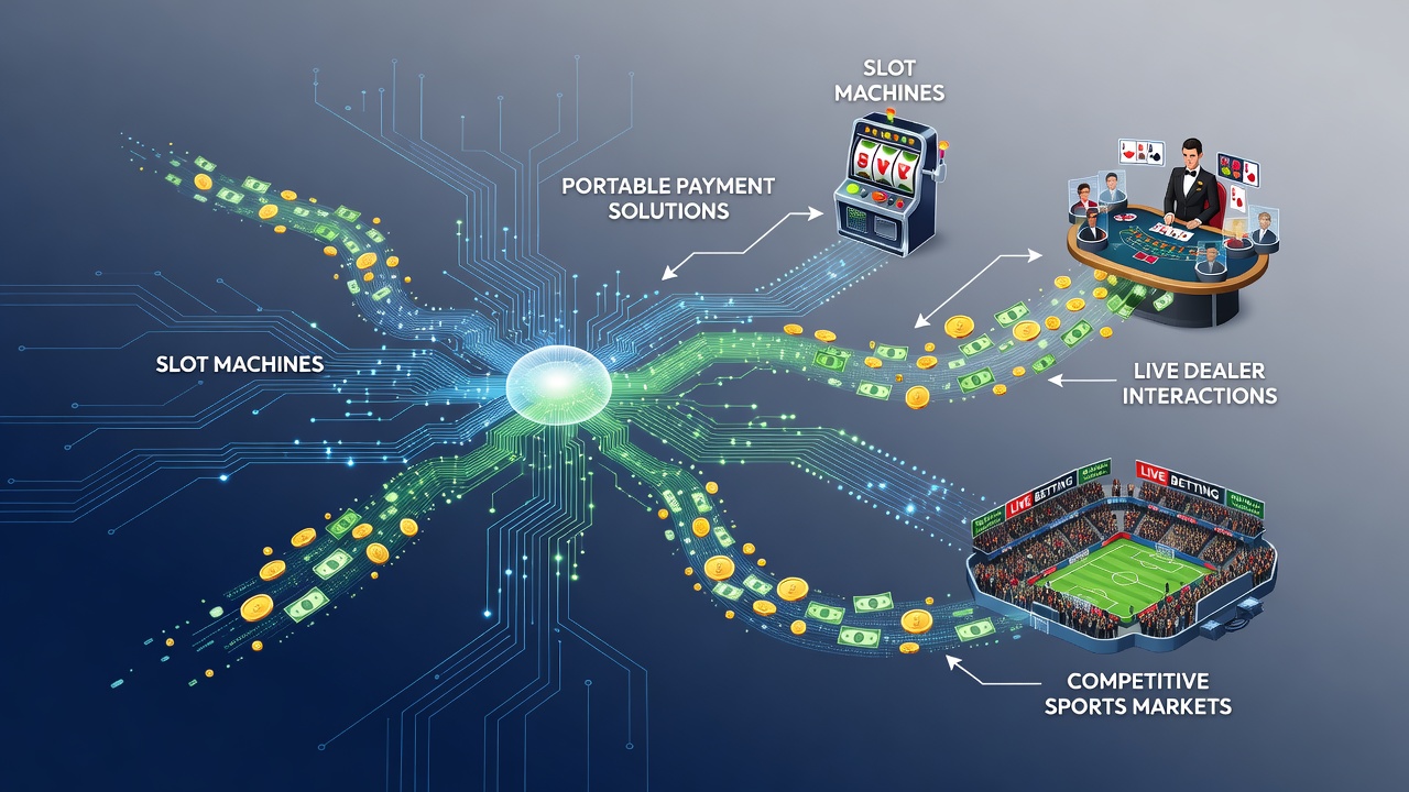Mobile payment interface connecting slot machines, live dealer tables, and sports betting platforms in a unified reward network