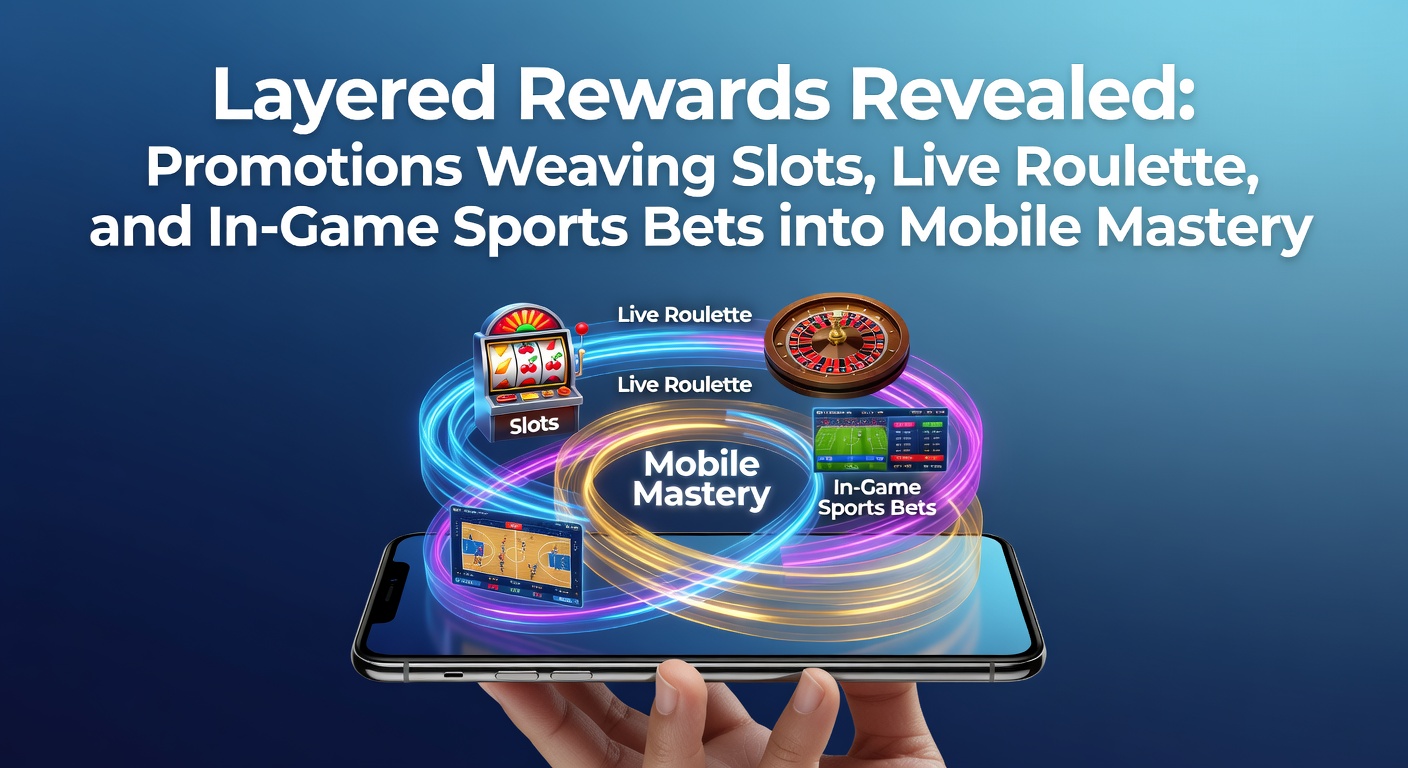 Mobile screen displaying layered reward promotions integrating slots, live roulette wheels, and in-game sports betting interfaces