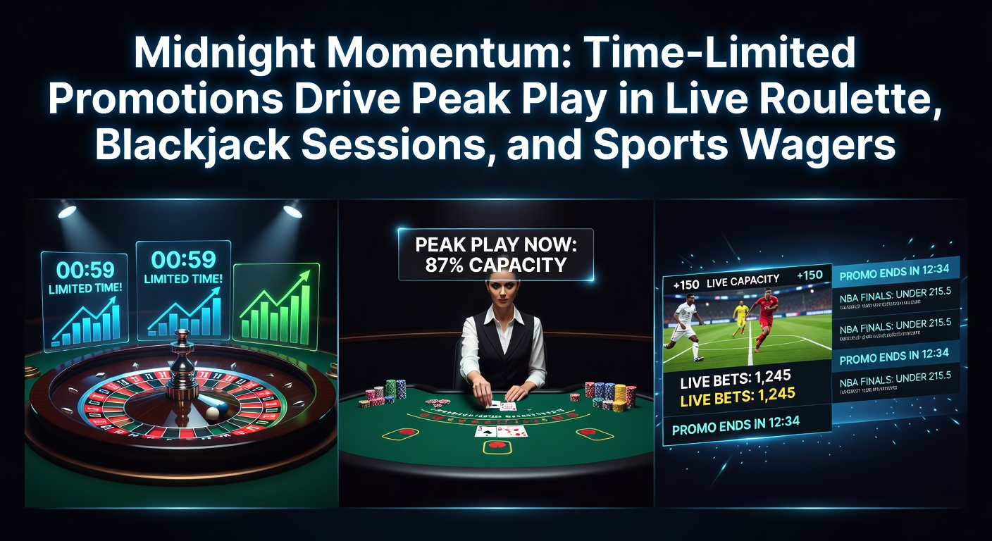 Vibrant casino floor at midnight with players engaged in live roulette and blackjack tables under glowing lights, capturing the energy of time-limited promotions