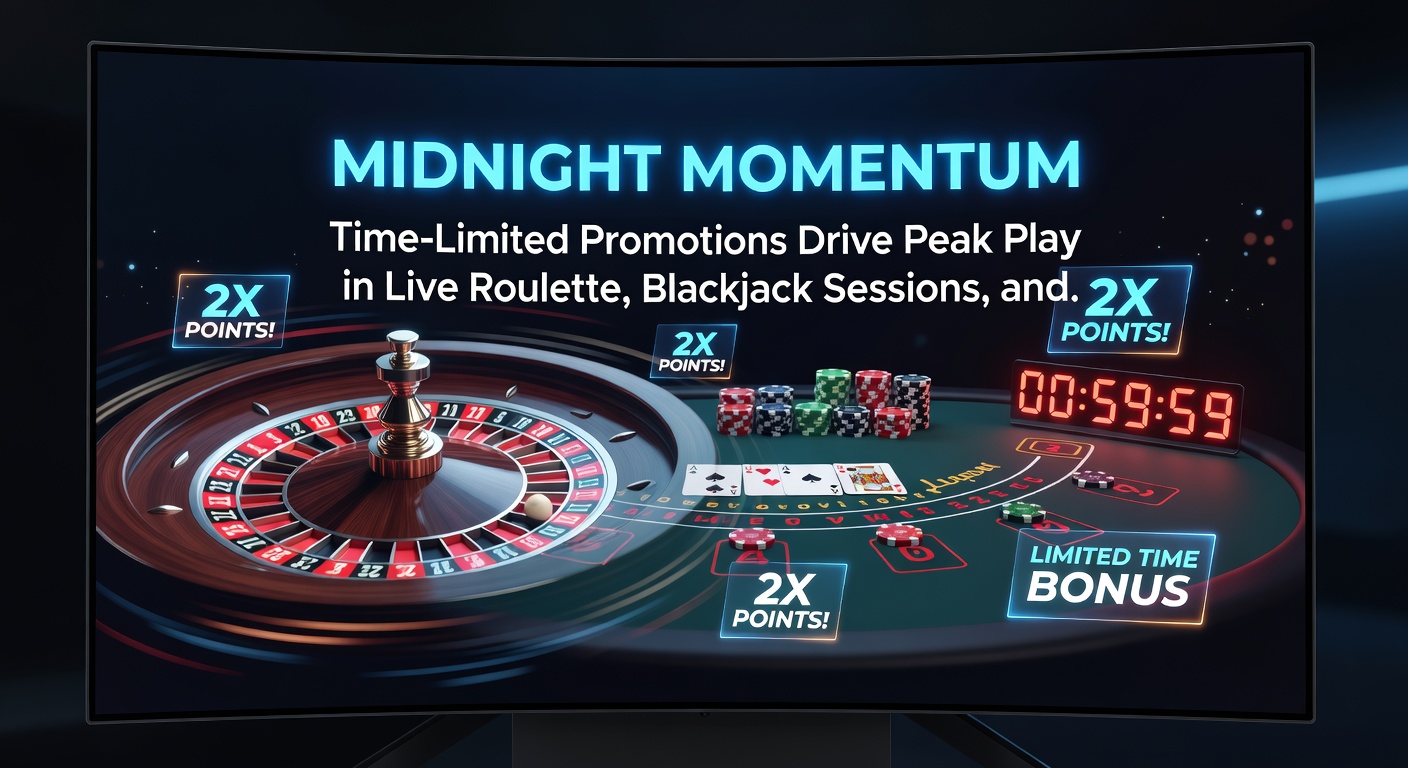 Dynamic screenshot of a mobile app showing a midnight promotion timer for live blackjack and sports betting odds, with roulette wheel spinning in the background