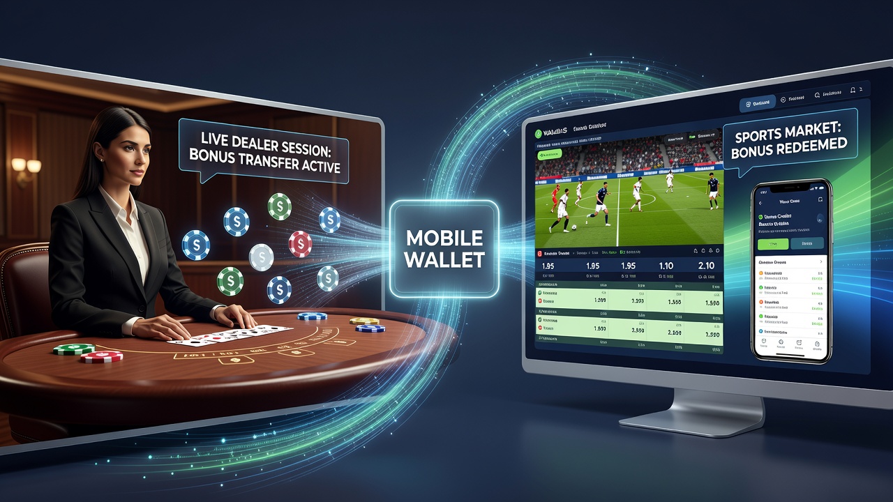 Illustration of secure mobile wallet transactions linking casino live tables to sports betting accounts