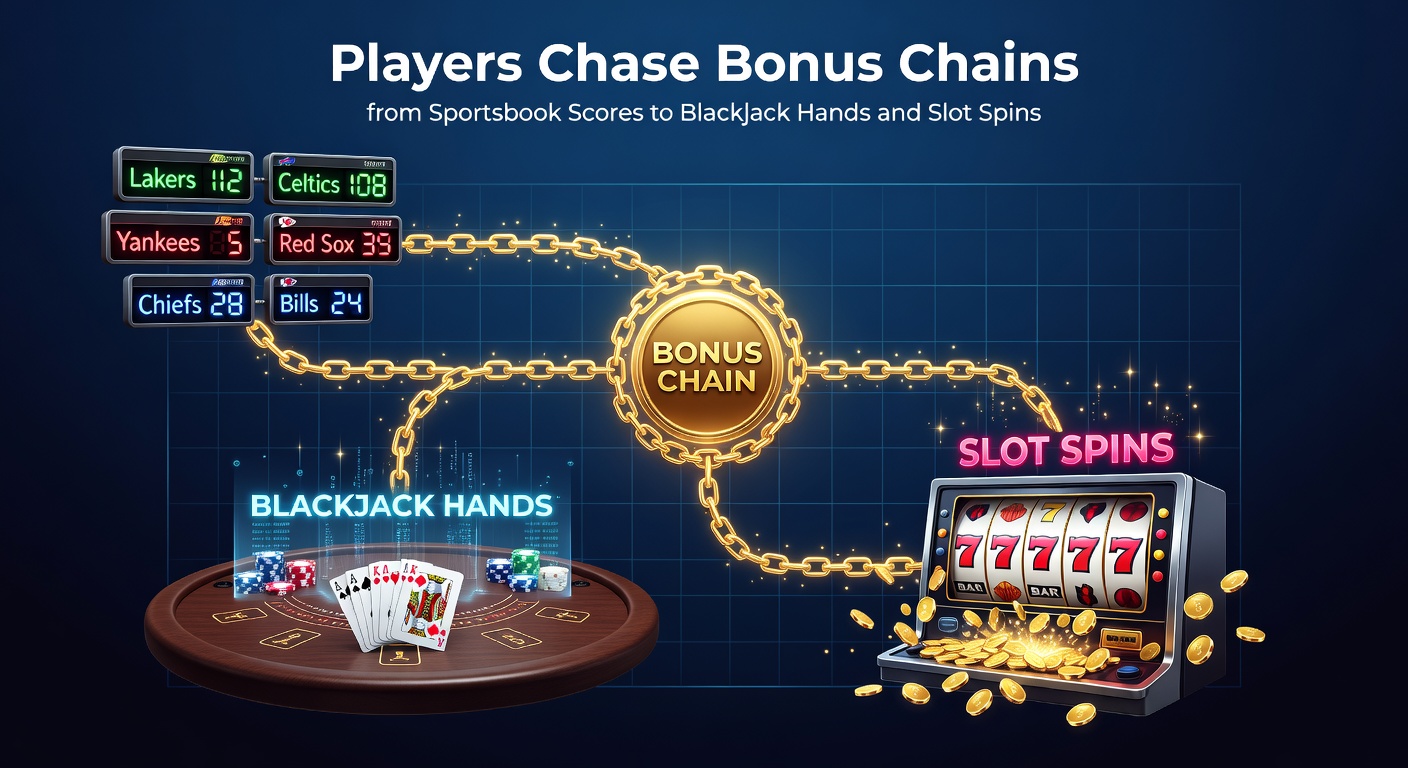 A dynamic graphic showing a chain linking a sportsbook touchdown bet, a blackjack table win, and colorful slot reels spinning, representing bonus progression across games
