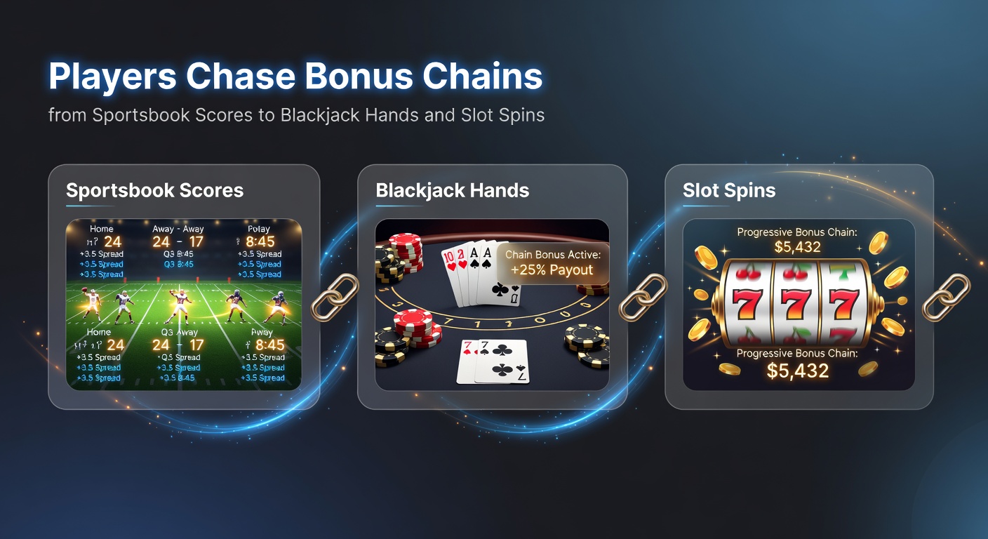 Illustration of a player's journey: sportsbook ticket cashing out to blackjack chips stacking up, then exploding into slot jackpots, with chain links connecting each stage