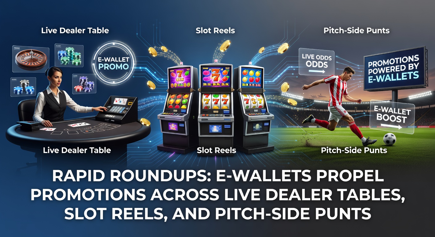 Vibrant digital graphic showing e-wallet icons linking live dealer tables, spinning slot reels, and sports betting pitches with promotional arrows and cash flow symbols