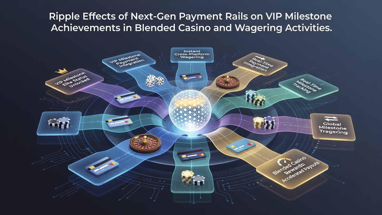 Illustration of next-generation payment rails connecting casino slots, live tables, and sports wagering interfaces with VIP progress indicators