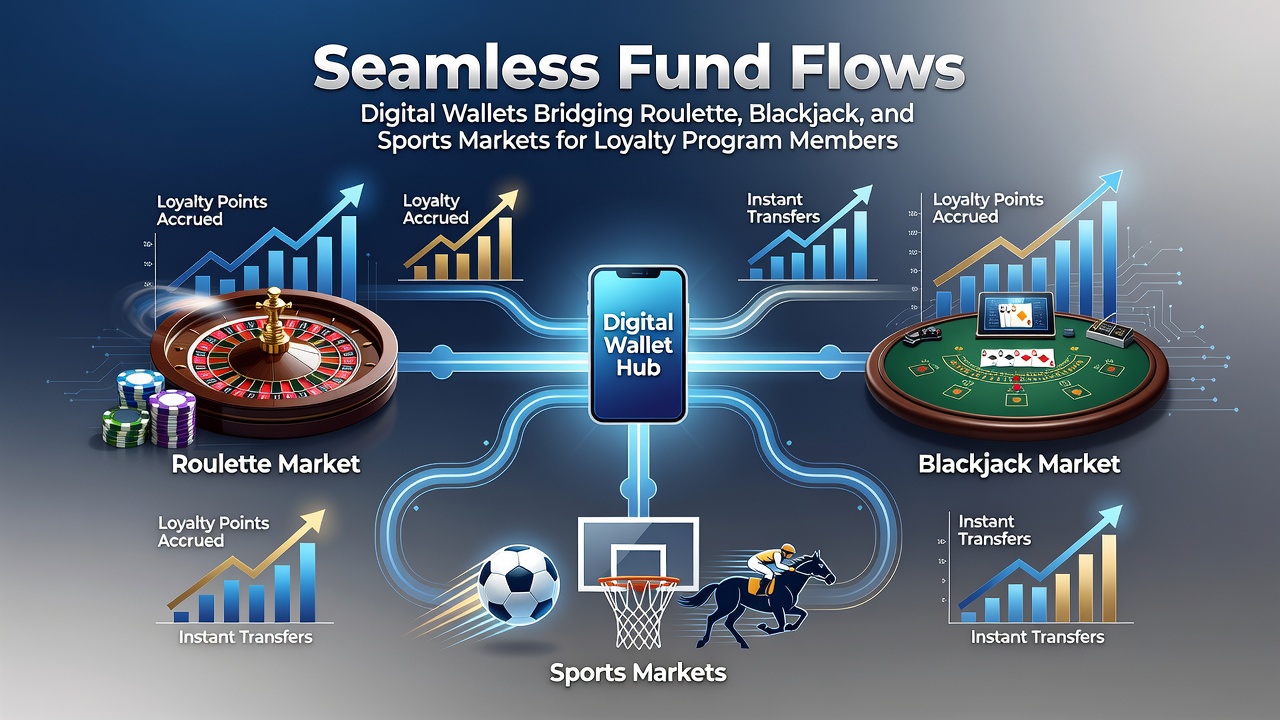 Digital wallet interface showing seamless transfers between roulette, blackjack, and sports betting platforms for loyalty members