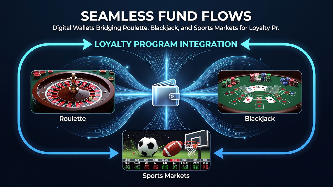Loyalty dashboard displaying cross-game fund movements and accumulated rewards in roulette, blackjack, and sports sections