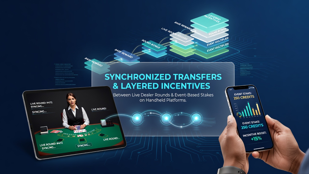 Mobile platform interface showing synchronized transfers between live dealer tables and event-based betting sections