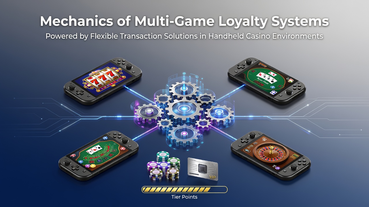 Mobile casino interface displaying interconnected loyalty points across slots, live tables, and sports betting sections