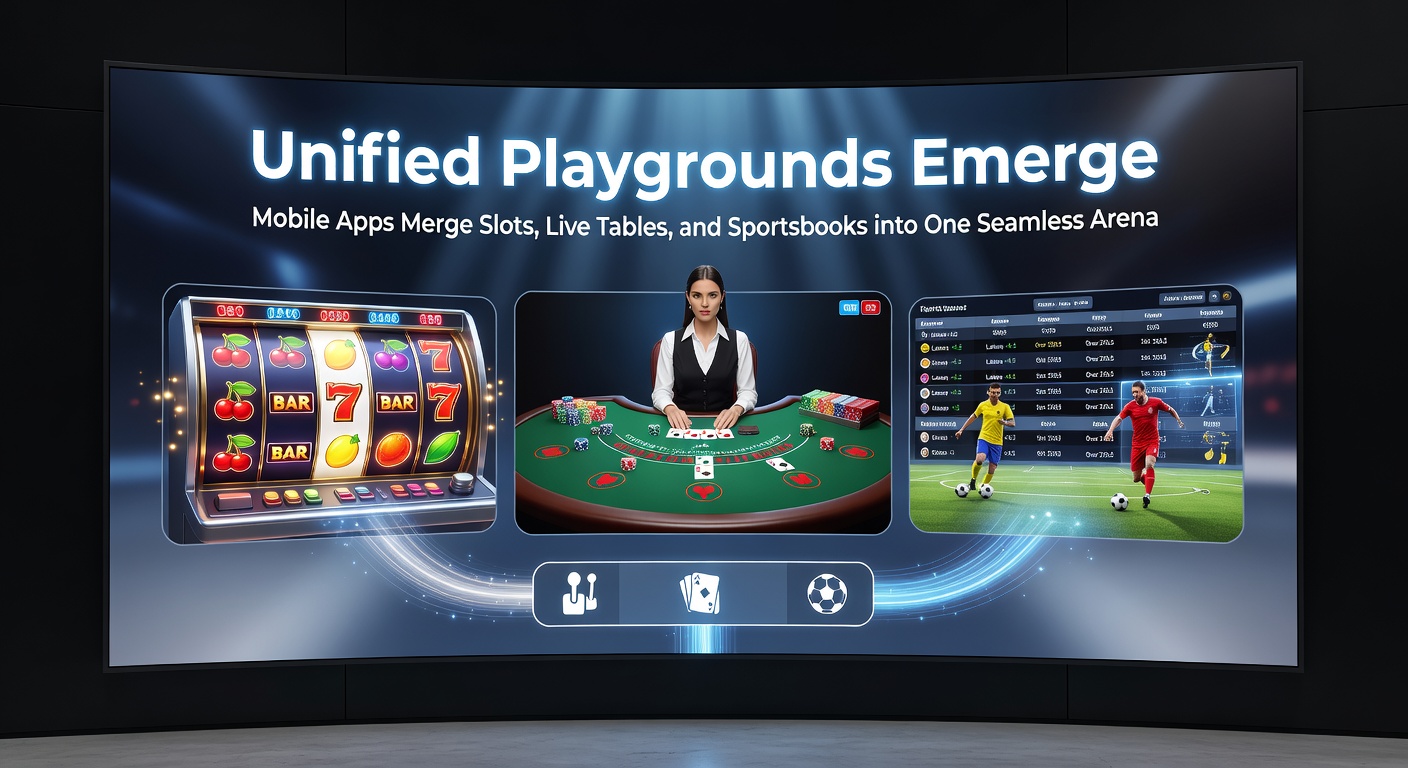 Screenshot of a unified mobile gambling app displaying slots, live dealer blackjack table, and an active sportsbook odds screen side by side