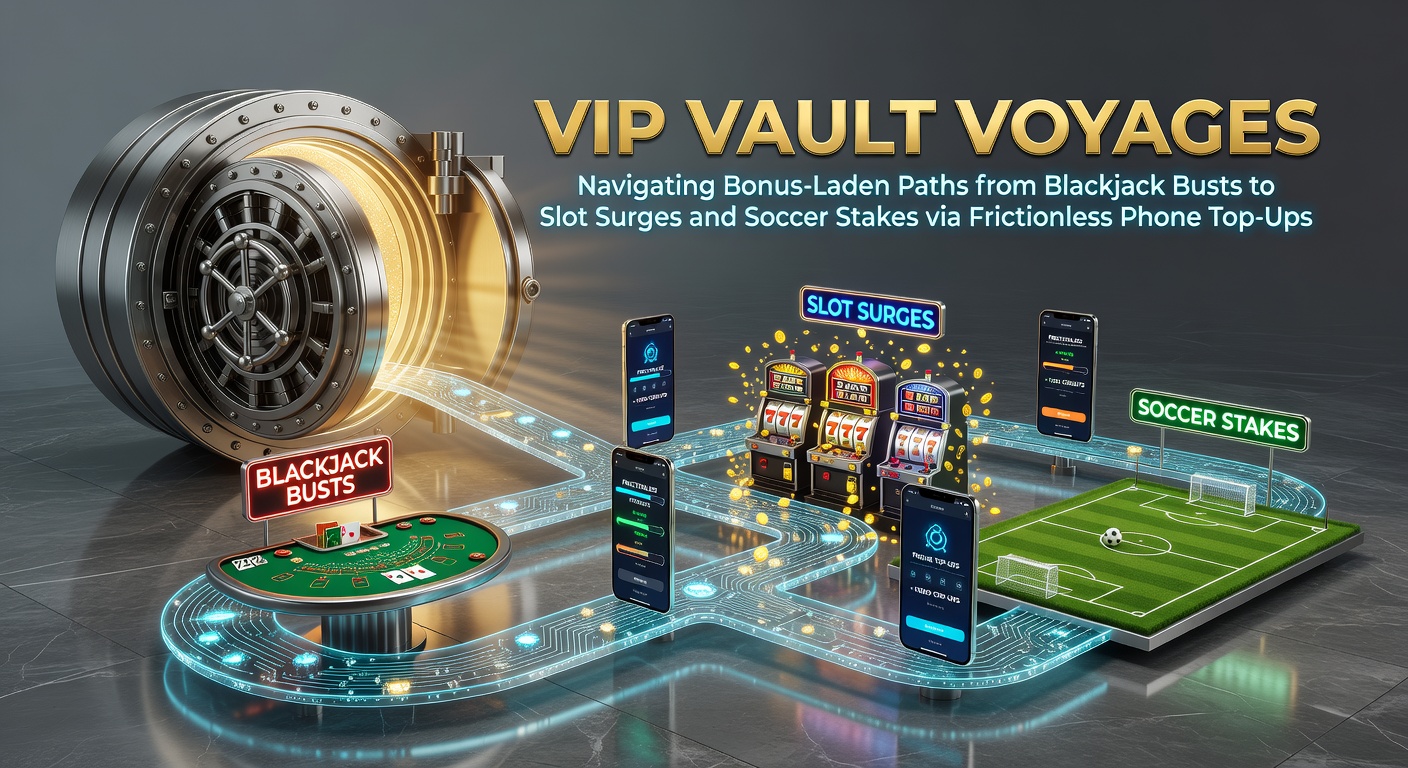 Dynamic illustration of a VIP vault pathway winding through blackjack tables, slot machines, and soccer fields, with glowing bonus streams and mobile phone icons facilitating seamless deposits
