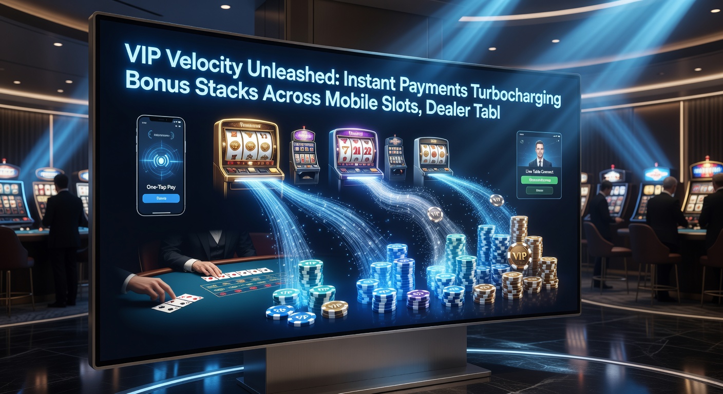 Dynamic split-screen of a VIP dashboard showing instant payment confirmation, stacked slot bonuses flowing to live dealer chips and sports bet slips